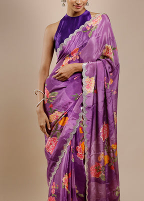Purple Printed Pure Silk Saree Without Blouse Piece