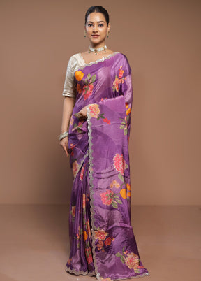 Purple Printed Silk Saree Without Blouse Piece