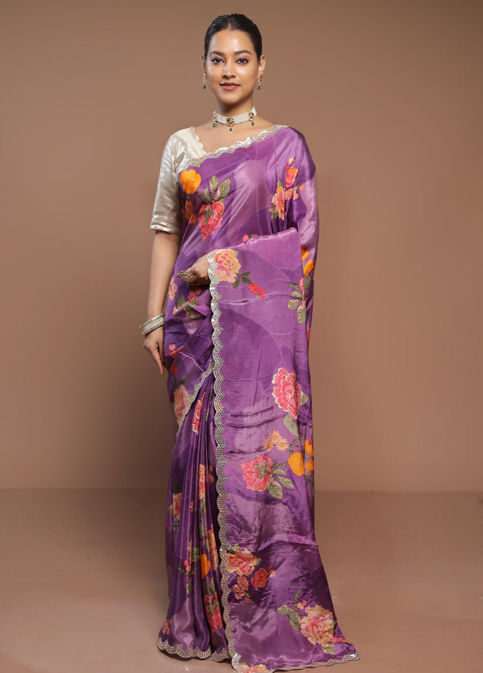 Purple Printed Silk Saree Without Blouse Piece