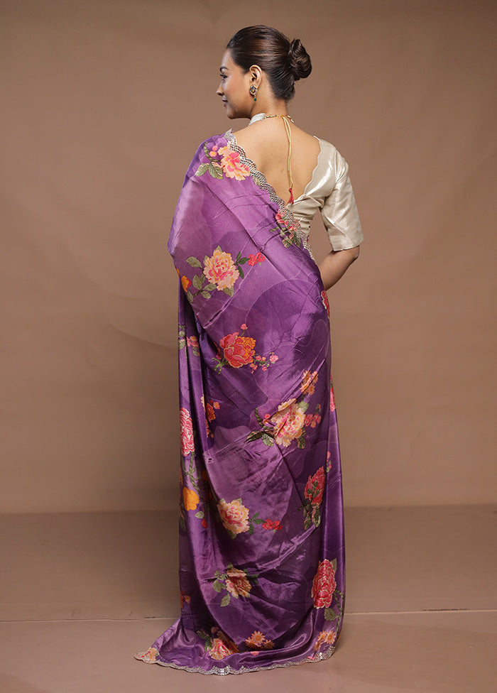 Purple Printed Silk Saree Without Blouse Piece