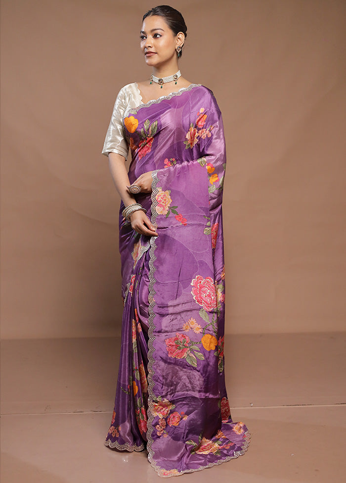 Purple Printed Silk Saree Without Blouse Piece