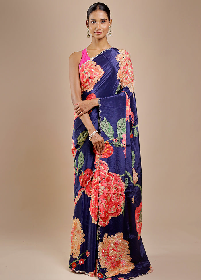 Blue Printed Pure Silk Saree Without Blouse Piece