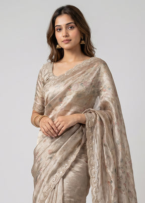 Cream Handloom Tissue Pure Silk Saree With Blouse Piece