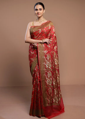 Red Kora Silk Saree With Blouse Piece