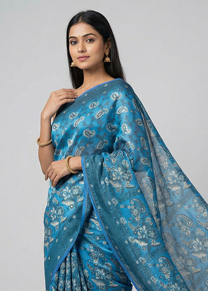 Blue Kora Silk Saree With Blouse Piece