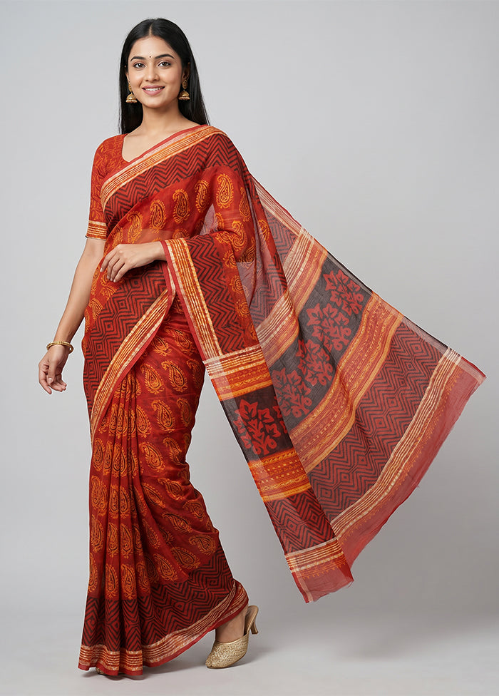 Rust Linen Silk Saree With Blouse Piece