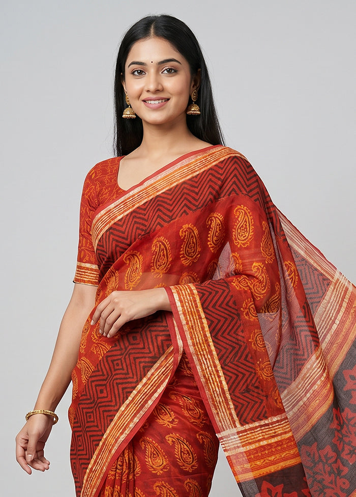 Rust Linen Silk Saree With Blouse Piece