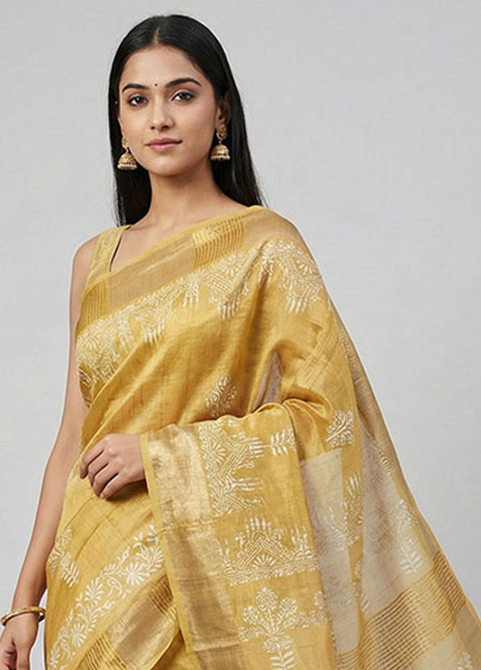Yellow Tussar Silk Saree With Blouse Piece