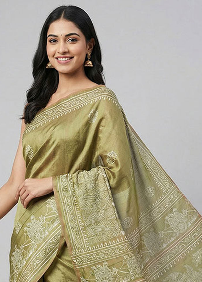 Green Katan Silk Saree With Blouse Piece
