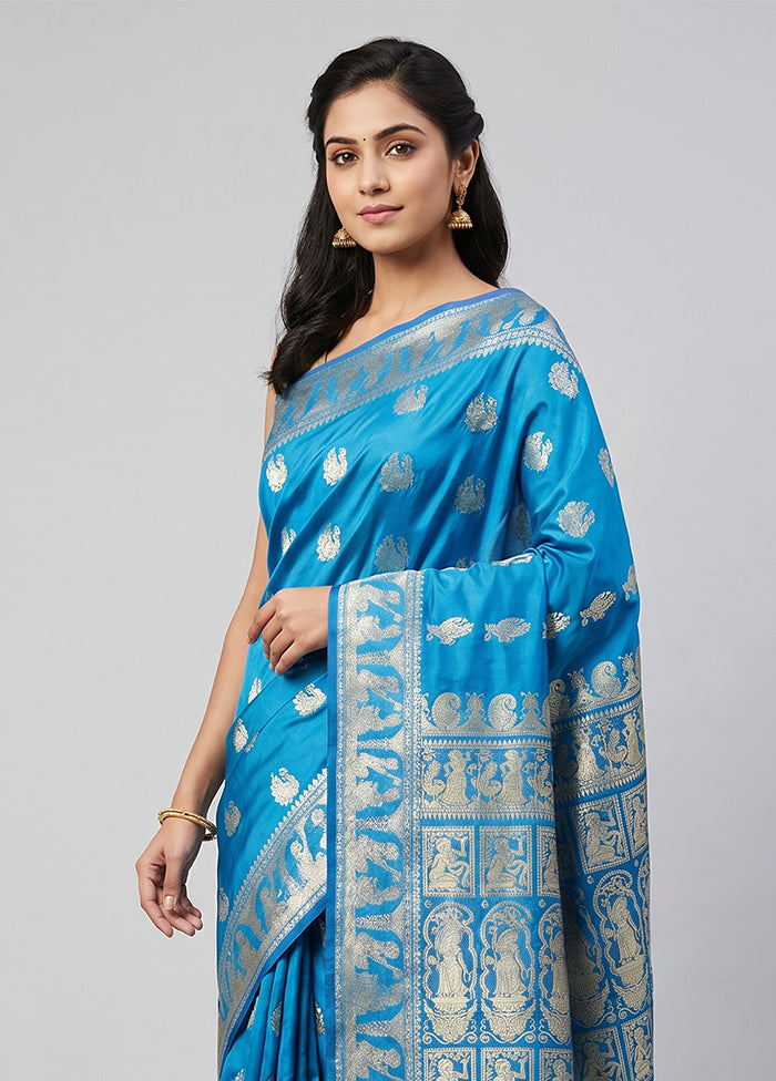 Blue Handloom Baluchari Pure Silk Saree With Blouse Piece