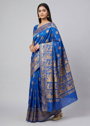 Blue Handloom Baluchari Pure Silk Saree With Blouse Piece