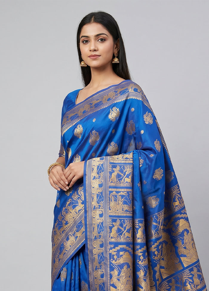 Blue Handloom Baluchari Pure Silk Saree With Blouse Piece