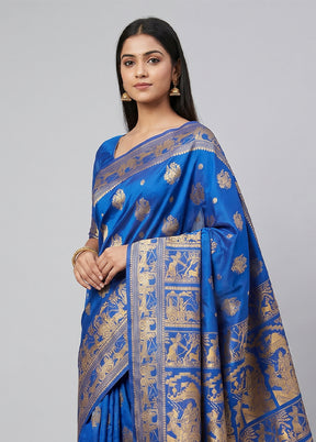 Blue Handloom Baluchari Pure Silk Saree With Blouse Piece