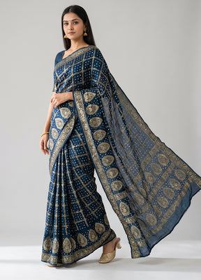 Blue Bandhej Silk Saree With Blouse Piece
