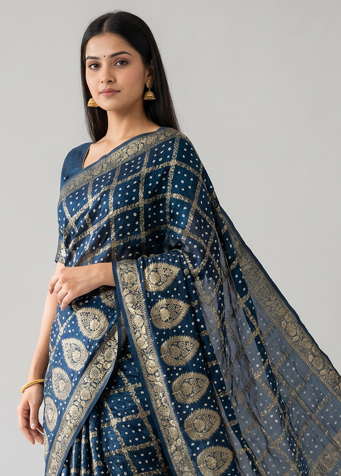 Blue Bandhej Silk Saree With Blouse Piece