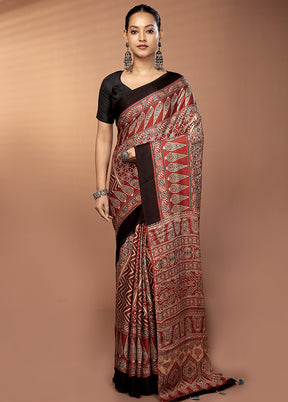 Red Printed Pure Silk Saree Without Blouse Piece