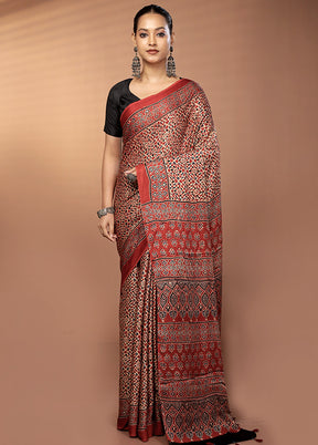 Red Printed Pure Silk Saree Without Blouse Piece