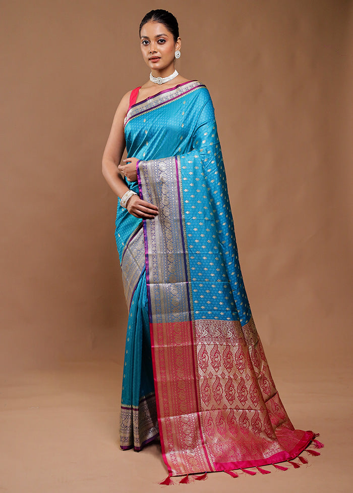 Blue Dupion Silk Saree With Blouse Piece