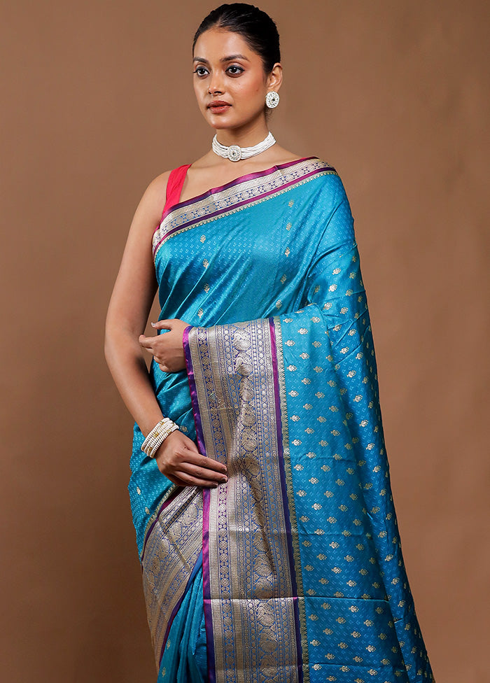 Blue Dupion Silk Saree With Blouse Piece