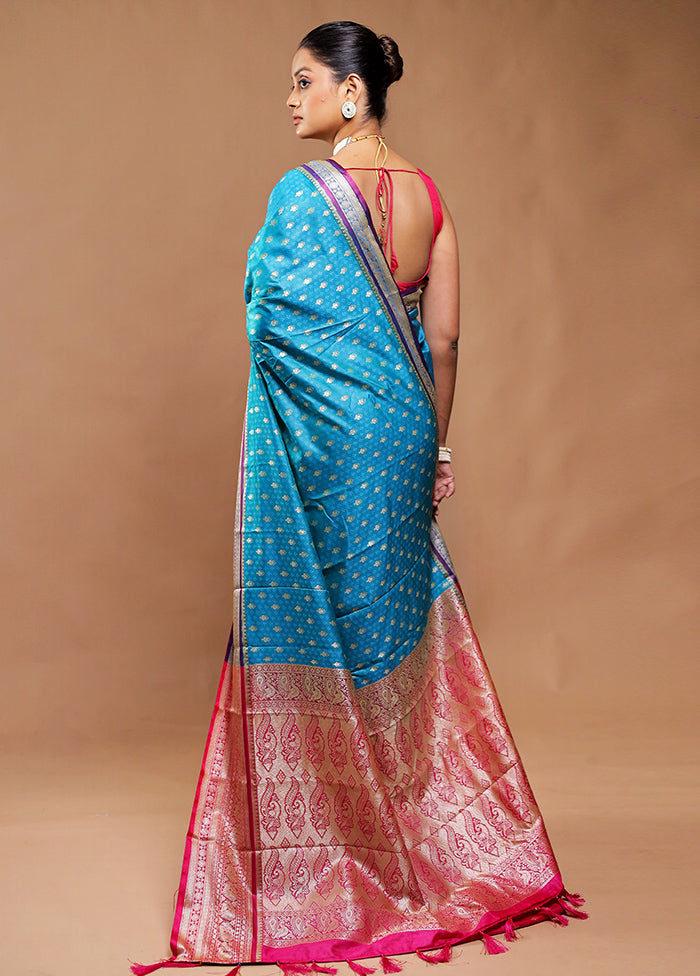 Blue Dupion Silk Saree With Blouse Piece