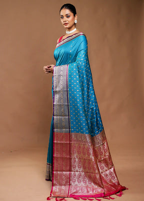 Blue Dupion Silk Saree With Blouse Piece