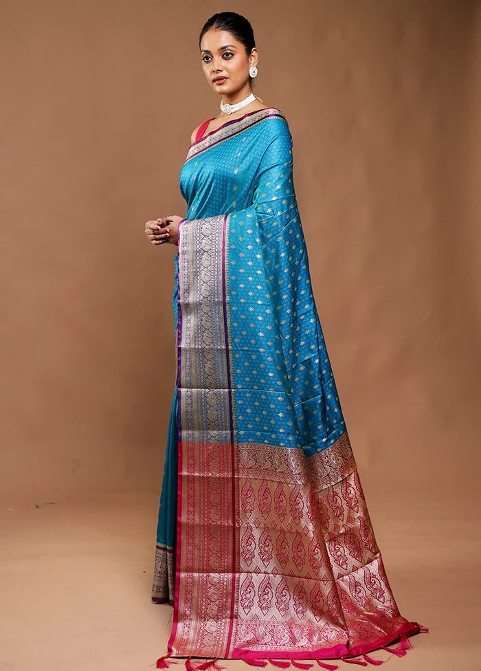 Blue Dupion Silk Saree With Blouse Piece
