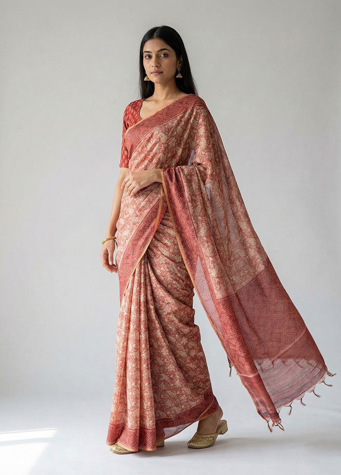 Pink Tussar Silk Saree With Blouse Piece