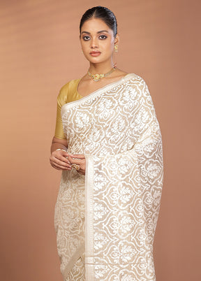 Cream Handloom Tussar Pure Silk Saree With Blouse Piece
