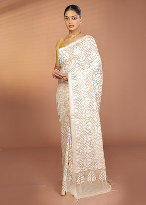 Cream Handloom Tussar Pure Silk Saree With Blouse Piece