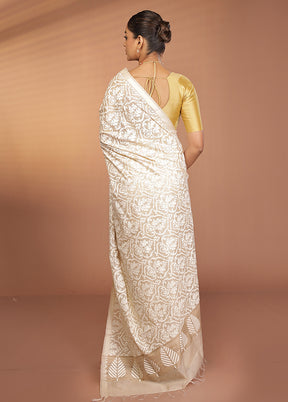 Cream Handloom Tussar Pure Silk Saree With Blouse Piece