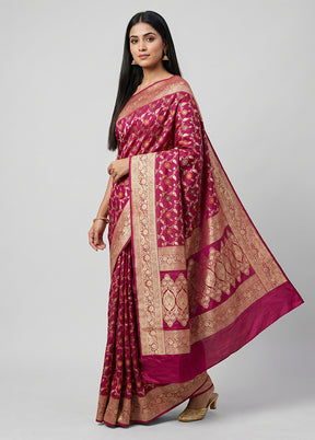 Pink Handloom Banarasi Pure Silk Saree With Blouse Piece