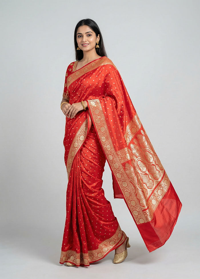Red Handloom Banarasi Pure Silk Saree With Blouse Piece