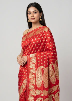 Red Handloom Banarasi Pure Silk Saree With Blouse Piece