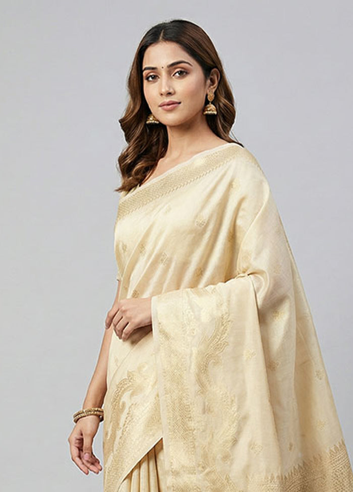 Cream Cotton Saree With Blouse Piece