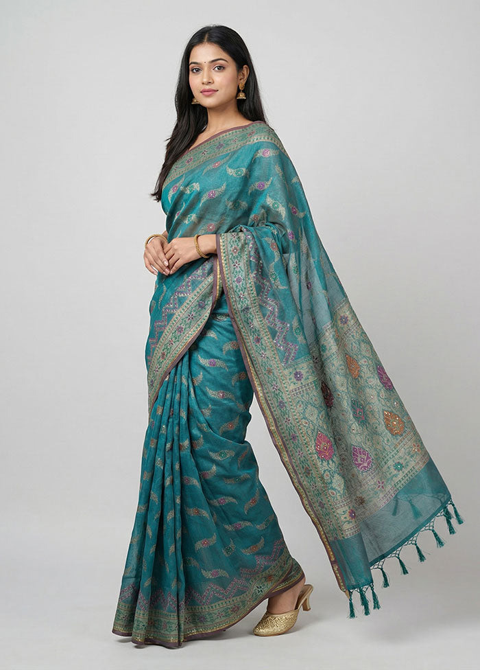 Blue Kora Silk Saree With Blouse Piece