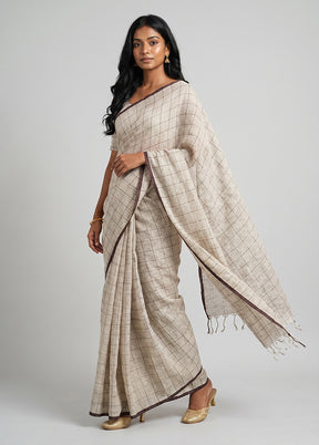 White Handloom Linen Pure Silk Saree With Blouse Piece