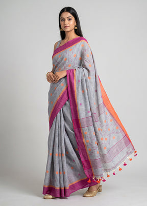 Grey Linen Silk Saree With Blouse Piece