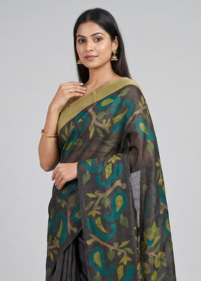 Black Handloom Linen Pure Silk Saree With Blouse Piece