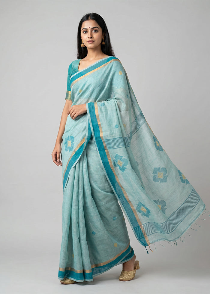 Green Handloom Linen Pure Silk Saree With Blouse Piece