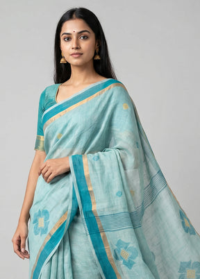 Green Handloom Linen Pure Silk Saree With Blouse Piece