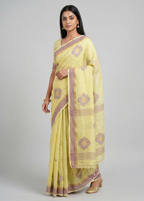 Green Handloom Linen Pure Silk Saree With Blouse Piece