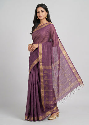 Maroon Handloom Linen Pure Silk Saree With Blouse Piece