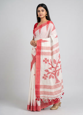 White Linen Silk Saree With Blouse Piece
