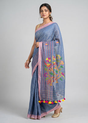 Blue Linen Silk Saree With Blouse Piece
