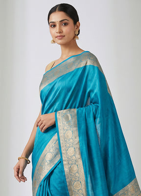 Blue Katan Silk Saree With Blouse Piece