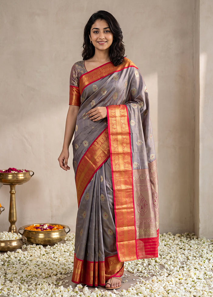Purple Handloom Kanjivaram Pure Silk Saree With Blouse Piece