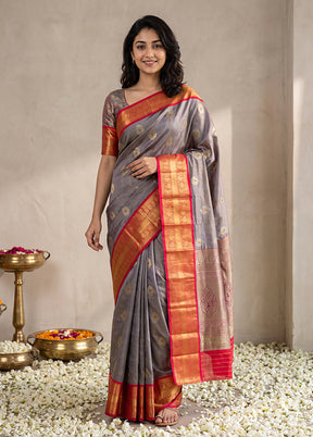 Purple Handloom Kanjivaram Pure Silk Saree With Blouse Piece