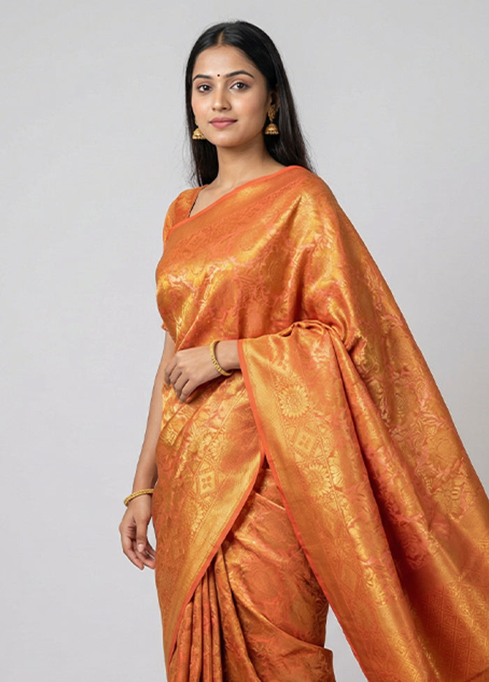 Orange Dupion Silk Saree With Blouse Piece