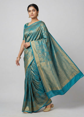 Blue Dupion Silk Saree With Blouse Piece