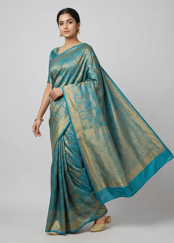 Blue Dupion Silk Saree With Blouse Piece